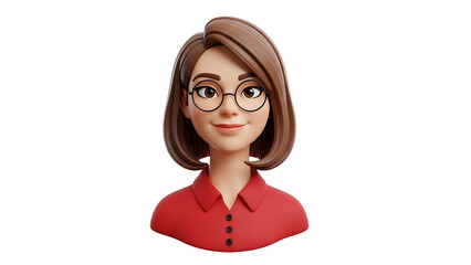 Friendly cartoon woman with glasses and brown hair isolated on transparent background, png