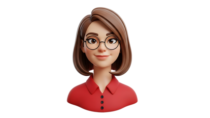 Friendly cartoon woman with glasses and brown hair isolated on transparent background, png