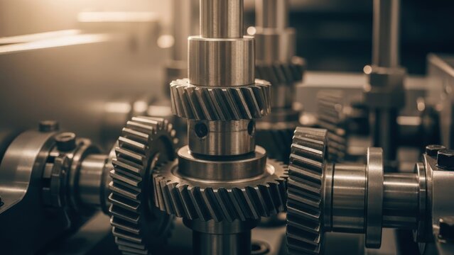 Close-up of metallic gears interlocking in a machine, reflecting light