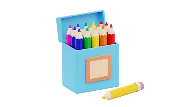 Open blue box filled with colorful drawing pencils isolated on transparent background, png