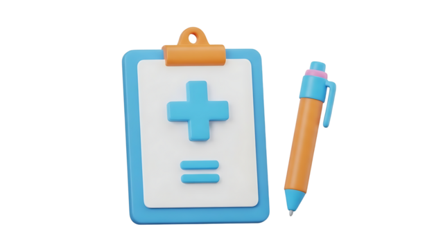 Handmade clay medical clipboard with plus sign and pen isolated on transparent background, png