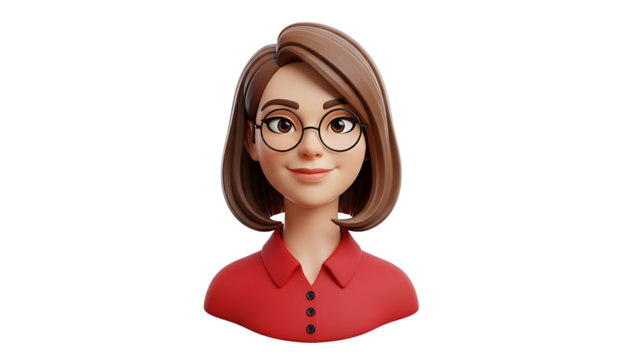 Friendly cartoon woman with glasses and brown hair isolated on transparent background, png