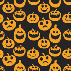 Fototapeta premium Seamless pattern of glowing halloween pumpkins on COLOR background. Scary and funny faces. Cute Pumpkin or ghost. Vector autumn holidays illustration.