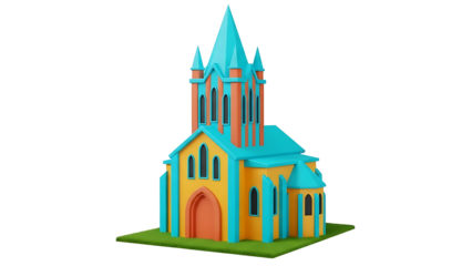 Colorful gothic church model building isolated on transparent background, png