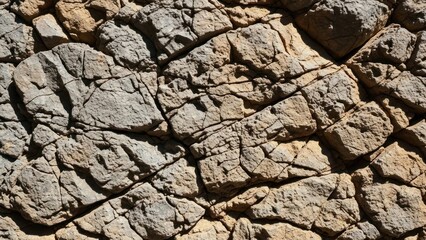 Fototapeta premium Close-up of rough, cracked rock surface with varied light and shadow details