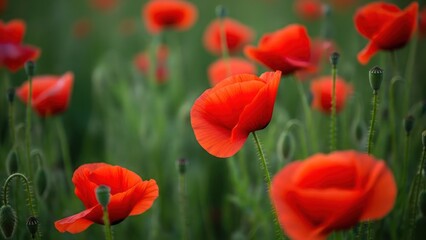 Obraz premium Close-up of vibrant red poppy flowers in a green field, soft focus background
