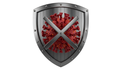 Metal shield protecting against red coronavirus symbol isolated on transparent background, png
