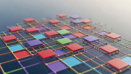 Colorful 3D abstract grid with connected squares, low-depth-of-field, glowing lines