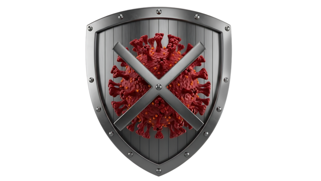 Metal shield protecting against red coronavirus symbol isolated on transparent background, png
