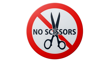 Red prohibition sign with scissors and text no scissors isolated on transparent background, png
