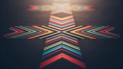Colorful, geometric cross-like shape, cast on a dark textured surface with blurred background