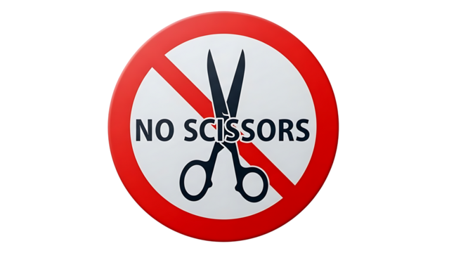 Red prohibition sign with scissors and text no scissors isolated on transparent background, png