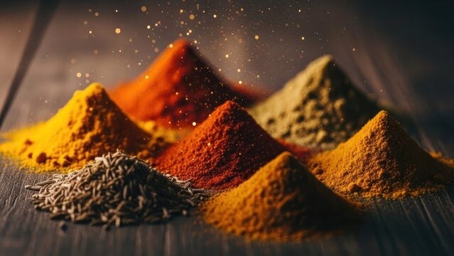 Colorful piles of ground spices on a wooden surface, with particles floating