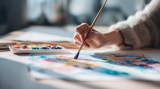 artist hand painting watercolor artwork, creative brush stroke close-up
