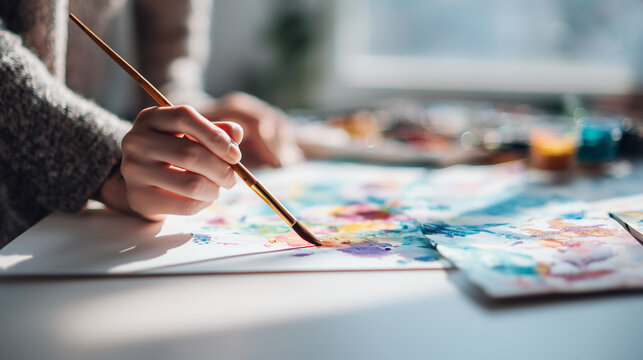 artist hand painting watercolor artwork, creative brush stroke close-up
 - Powered by Adobe