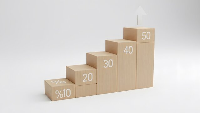 Conceptual 3D rendering showing progressive business growth and statistical improvement, with rising numbered blocks and an upward trend arrow, symbolizing success and advancement