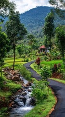 Scenic countryside landscape with winding road, trees, stream, and a house nestled in nature's
