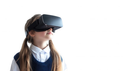 A young girl with pigtails wearing a virtual reality headset against a black background looking up on transparent background