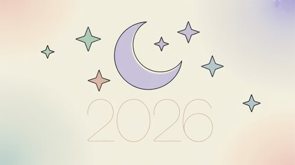 Celebrating new year 2026 with crescent moon and pastel star decorations
