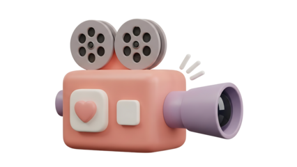 Cute 3d cartoon movie camera with heart isolated on transparent background, png