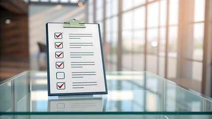 Elegant clipboard with checklist on glass table in bright office, showing progress