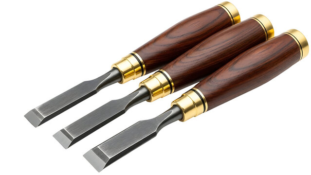 Three woodworking chisels with wooden handles isolated on transparent background, png