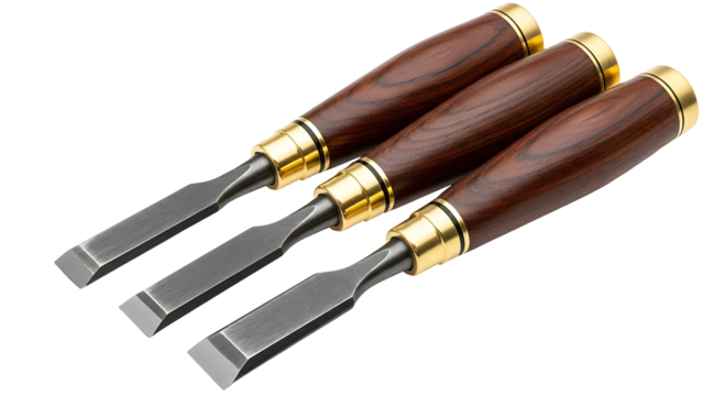 Three woodworking chisels with wooden handles isolated on transparent background, png