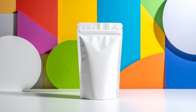 A clean white resealable doypack stands on a reflective surface, offering a branding mockup against a bold, colorful abstract geometric backdrop