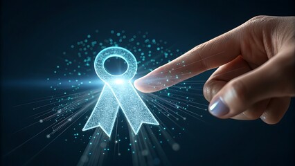 Hopeful finger touches glowing awareness ribbon for cancer support and fundraising