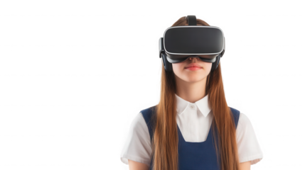 Young woman wearing a vr headset against a black background in a studio environment looking forward on transparent background