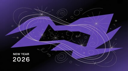 Geometric new year 2026 design with abstract shapes on purple background