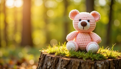 Crocheted teddy bear sitting on tree stump in forest during sunset  