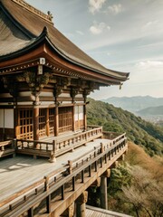 Fototapeta premium Perched on a mountain peak, Kiyomizudera Temples wooden stage juts out into the serene valley below