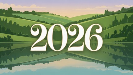 Greeting card 2026 with peaceful landscape view and reflection in water