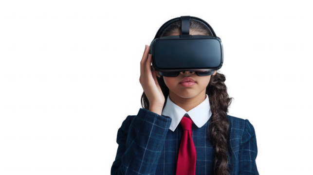 A young girl wearing a vr headset with a school uniform against a black background in a studio shot on transparent background - Powered by Adobe