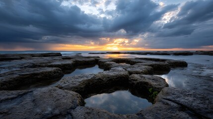 Obraz premium Dramatic sunset over a rocky coastline with tide pools reflecting the colorful sky and stormy clouds