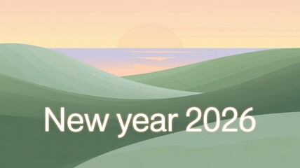 Minimalist illustration new year 2026 text with sunset over green hills vector