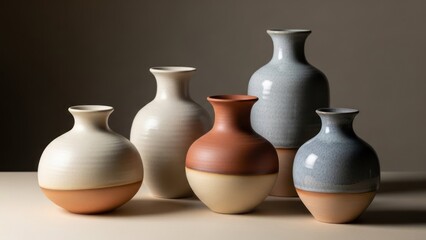 Five ceramic vases of various shapes and colors stand in soft studio light