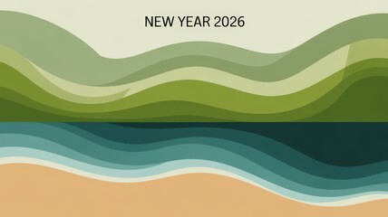 New year 2026 minimalistic illustration of rolling green hills by seaside