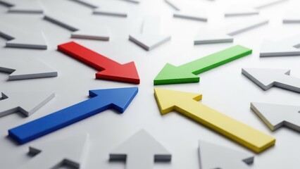 Four colored arrows pointing inwards amidst many gray arrows, representing a central focus