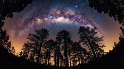Fototapeta premium Fisheye view of a night sky full of stars above silhouettes of tall trees