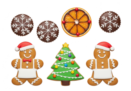 Christmas gingerbread cookies and candied orange slice isolated on transparent background