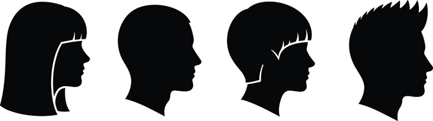Human head silhouette collection, hairstyle profiles, black vector, long hair, short hair, spiked style, shaved head, white background