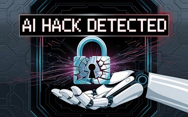 AI System Breach Alert with Robotic Hand Holding Cracked Digital Padlock Background