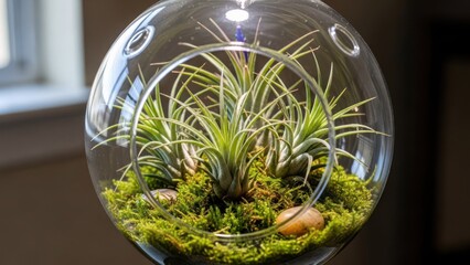 Glass orb terrarium filled with air plants, moss, and small stones