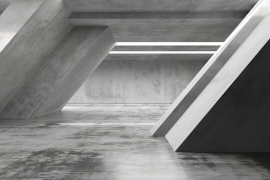 Modern industrial interior with concrete beams and angled structures for architectural design. 3d render