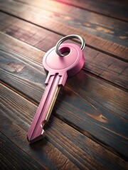 A delicate pink key with a metallic ring lies abandoned on a worn wooden table