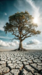 A lonely tree stands as a haunting testament to the devastating impact of climate change on the natural world