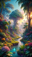 Vibrant foliage surrounds a tranquil oasis in a serene forest, with lush greenery and colorful blooms thriving amidst ancient trees