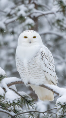 A snowy owl sits on a branch, overlooking a tranquil winter scene filled with snow and green pine trees, Snowy Owl / Winter Wildlife
